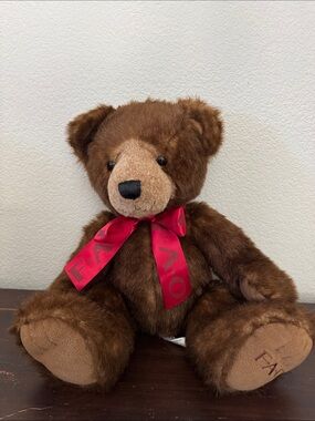 FAO SCHWARTZ big teddy Bear brown with red ribbon Excellent!!